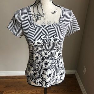 Anthro Maeve Floral Print Chevron Black White Top